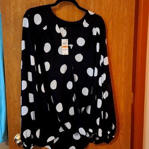 Women's plus size 3X Inc blouse. Black with white polkadots, long sleeves.